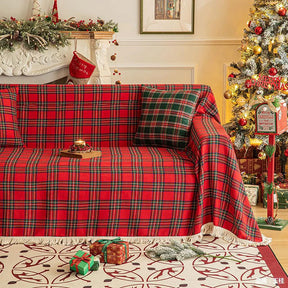 Manta para Sofá Xadrez de Natal com Babado - Protetor de Sofá Natalino
