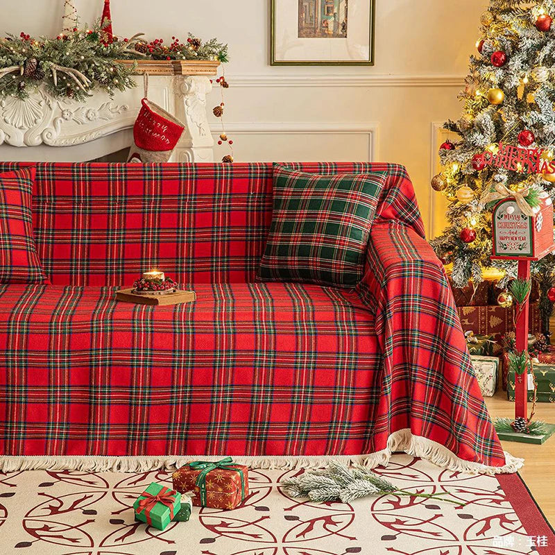 Manta para Sofá Xadrez de Natal com Babado - Protetor de Sofá Natalino