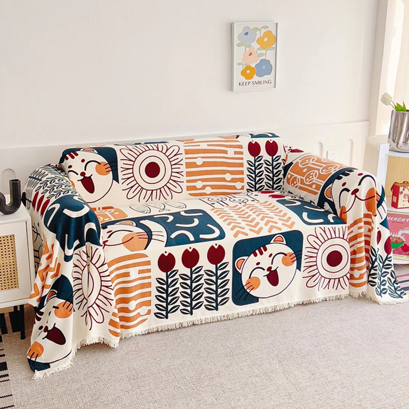 Manta Decorativa para Cobrir e Proteger Sofá Grande - Gatos e Girassóis lar da ana