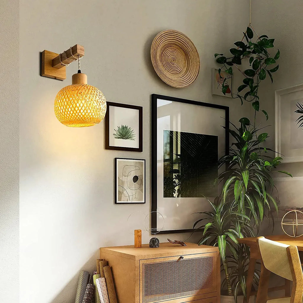 Pendente Arandela De Parede Retro em Bambu Rattan Estilo Japonês lar da ana