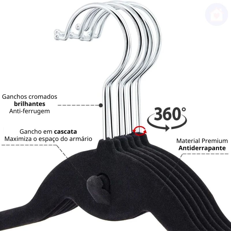 Kit Cabide de Veludo com Cascata Preto Lar da Ana