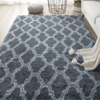 Tapete para Sala Retangular Peludo Estampado Cinza Vitral
